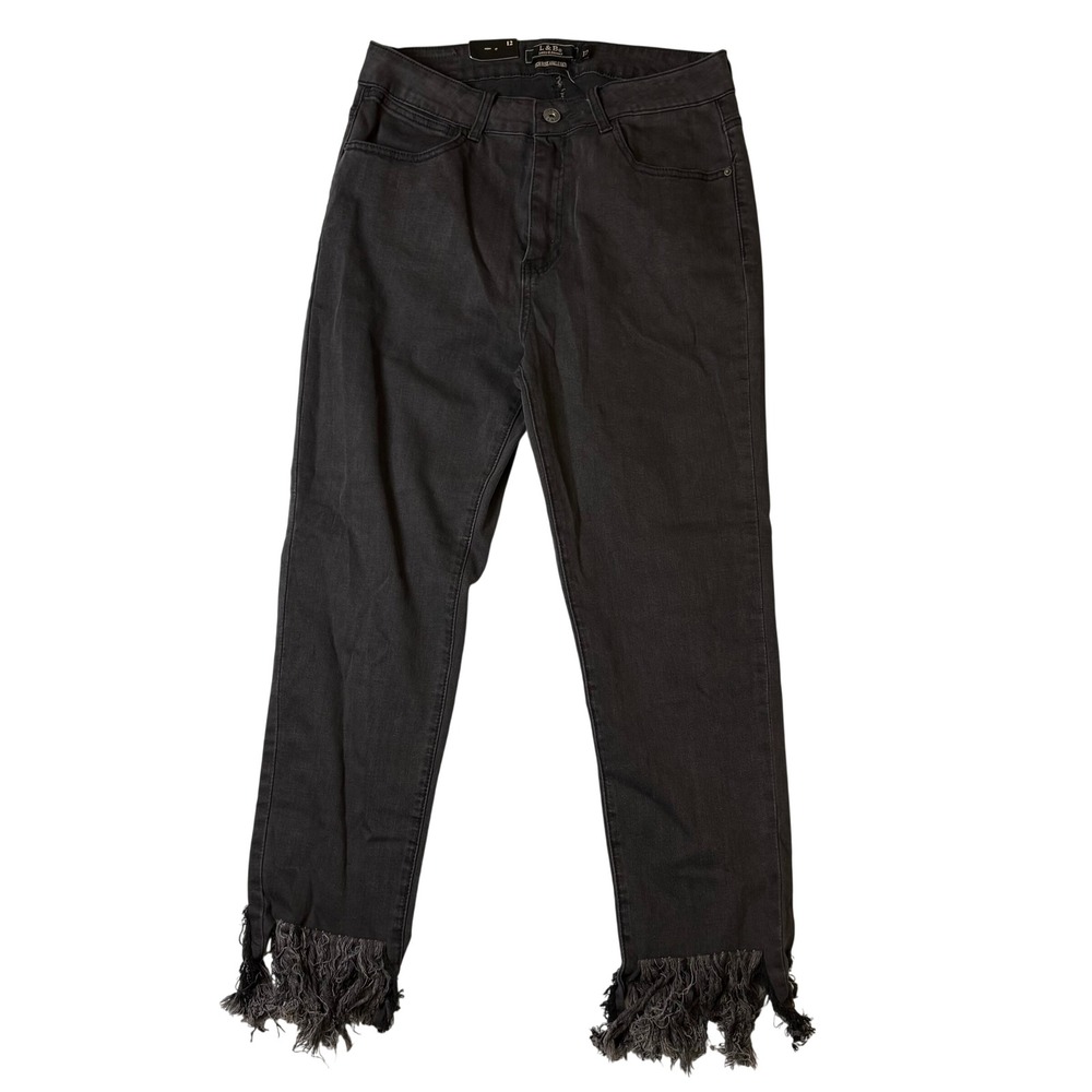 Lucky & Blessed Womens Faded Black Fringe Hem High Rise Straight Jeans Size‎ 12